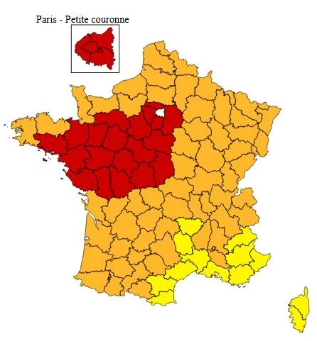 Carte de vigilance météo du samedi 11 juillet 2026 : 24 départements en rouge canicule sur l'ouest et l'Île-de-France, 59 en orange, vigilance jaune orages sur le Sud-Est