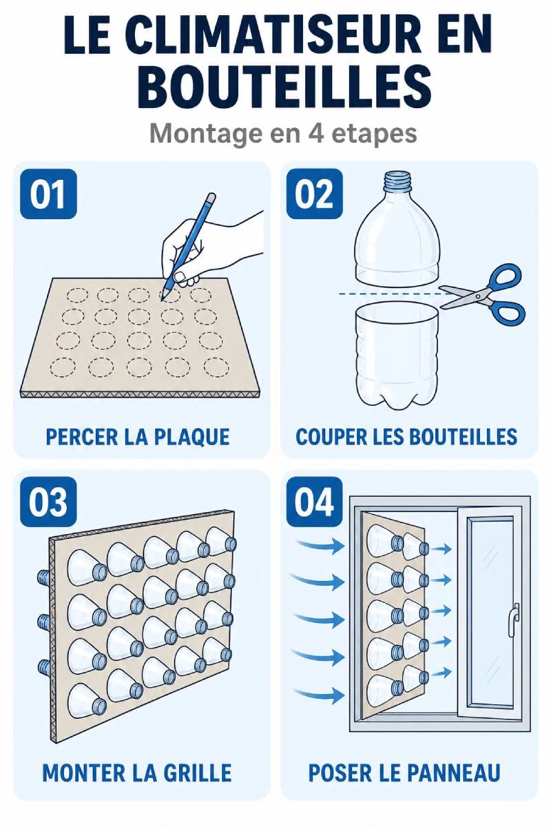 Infographie du montage en quatre étapes : percer la plaque, couper les bouteilles, monter la grille, poser le panneau en fenêtre