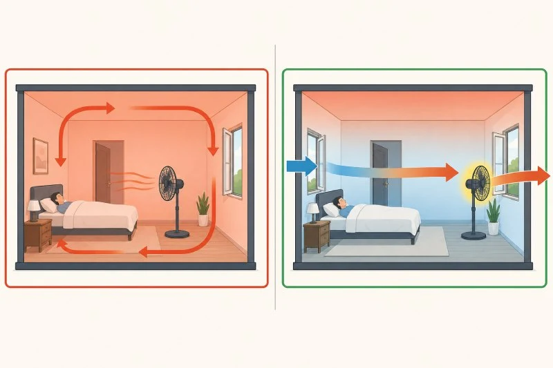 Comparaison en deux schémas : à gauche le ventilateur tourné vers le lit fait circuler l'air chaud en boucle fermée, à droite le ventilateur placé à la fenêtre expulse l'air chaud pendant que l'air frais entre par l'autre fenêtre
