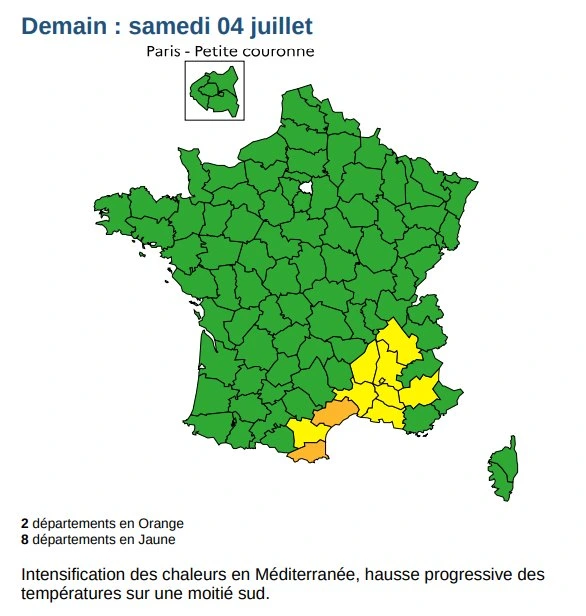 Carte de vigilance de Météo-France pour le samedi 4 juillet 2026 : départements du Sud-Est en jaune et en orange